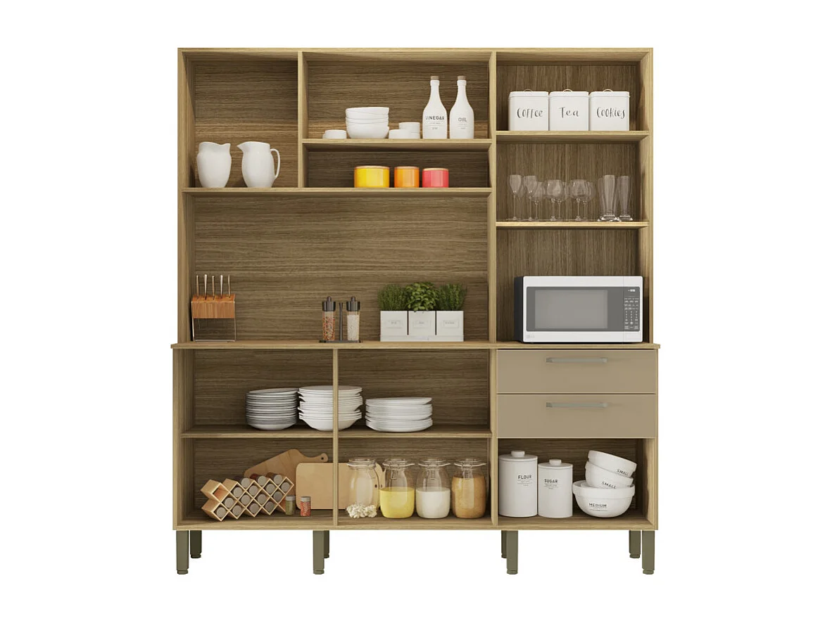 Buffet de Cuisine 6 Portes 2 Tiroirs Chêne et Taupe L 180.2 H 198 P 38.8 cm