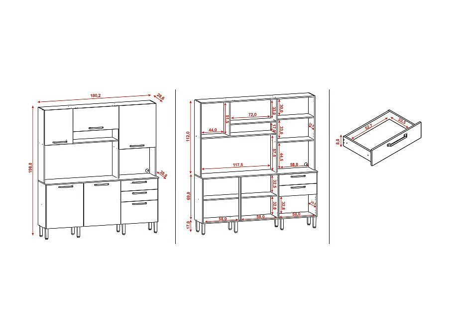 Buffet de Cuisine 6 Portes 2 Tiroirs Chêne et Taupe L 180.2 H 198 P 38.8 cm
