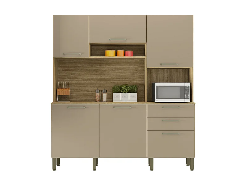 Buffet de Cuisine 6 Portes 2 Tiroirs Chêne et Taupe L 180.2 H 198 P 38.8 cm