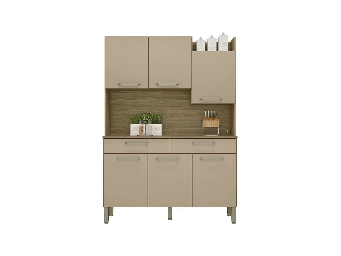 Buffet de Cuisine 6 Portes 2 Tiroirs Chêne Taupe 10 Niches L 132 H 186 P 38.8 cm
