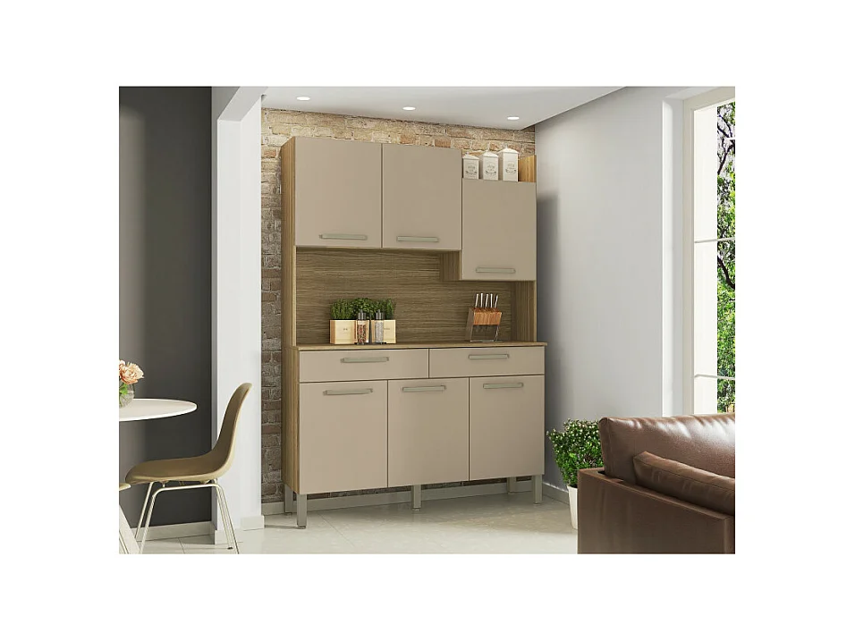 Buffet de Cuisine 6 Portes 2 Tiroirs Chêne Taupe 10 Niches L 132 H 186 P 38.8 cm