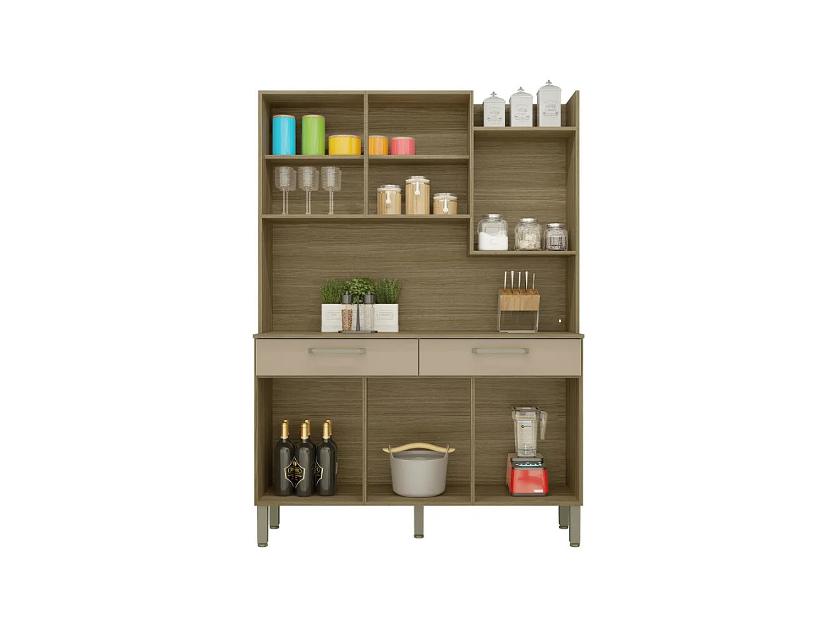 Buffet de Cuisine 6 Portes 2 Tiroirs Chêne Taupe 10 Niches L 132 H 186 P 38.8 cm