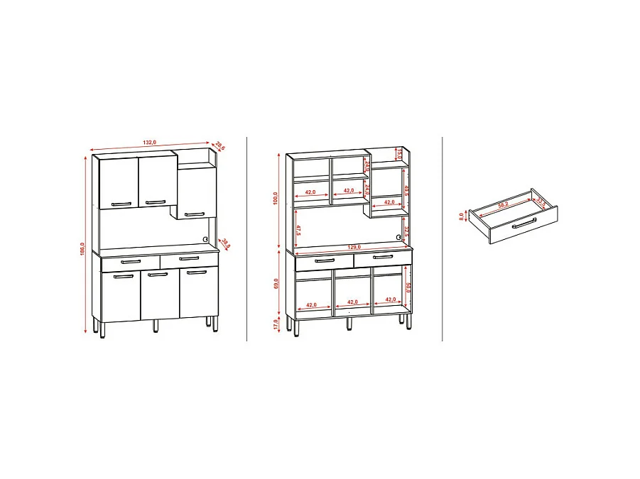 Buffet de Cuisine 6 Portes 2 Tiroirs Chêne Taupe 10 Niches L 132 H 186 P 38.8 cm