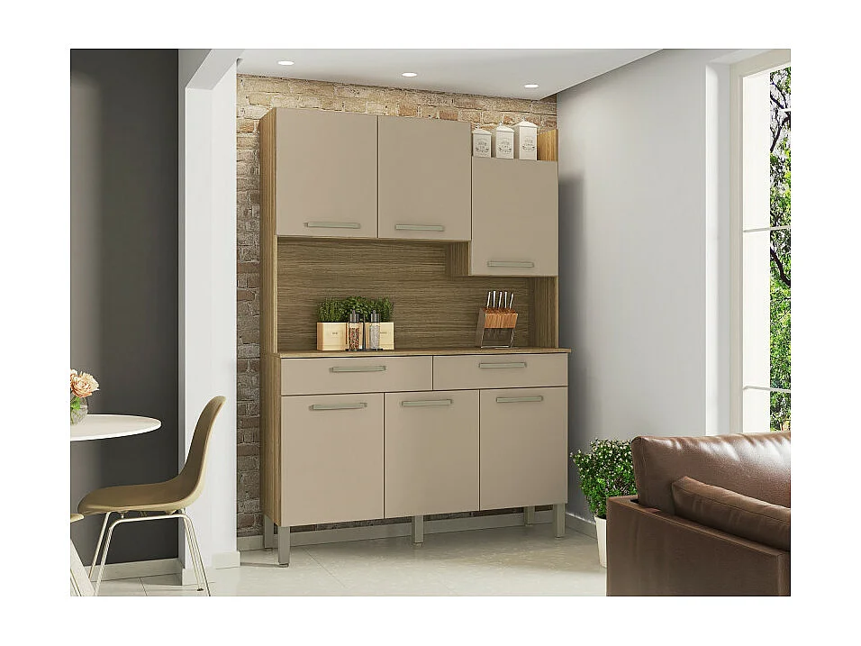 Buffet de Cuisine 6 Portes 2 Tiroirs Chêne Taupe 10 Niches L 132 H 186 P 38.8 cm