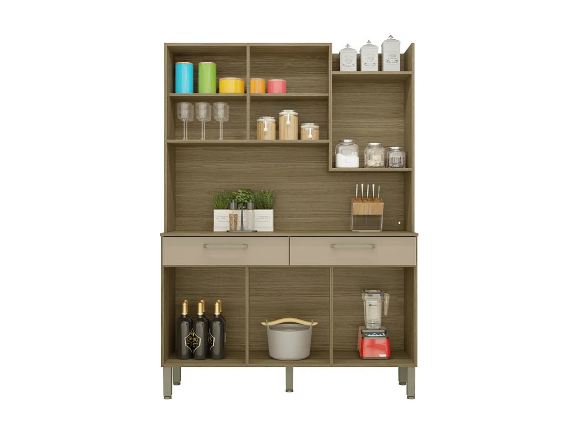 Buffet de Cuisine 6 Portes 2 Tiroirs Chêne Taupe 10 Niches L 132 H 186 P 38.8 cm