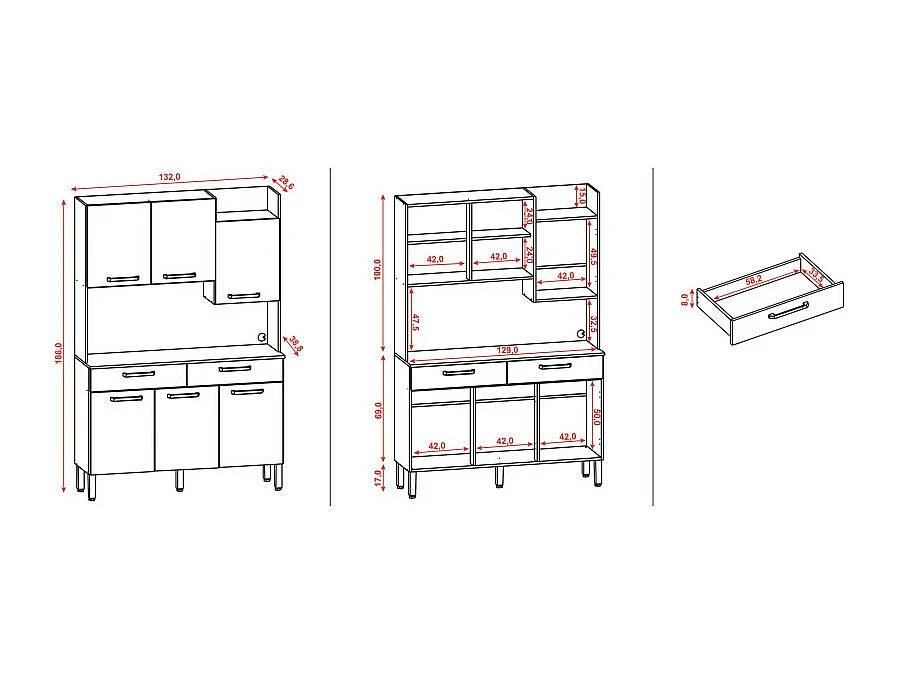 Buffet de Cuisine 6 Portes 2 Tiroirs Chêne Taupe 10 Niches L 132 H 186 P 38.8 cm