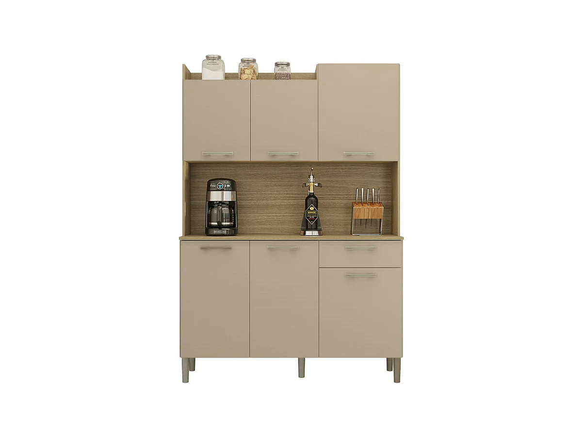 Buffet de Cuisine 6 Portes 1 Tiroir Chêne et Taupe L 121.5 H 176 P 36.3 cm
