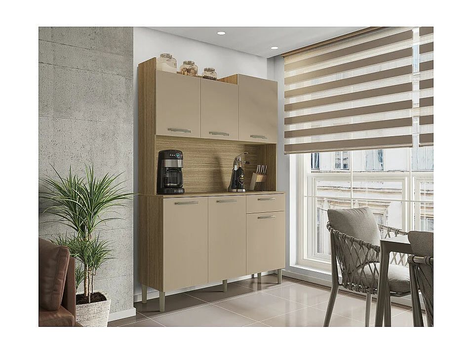 Buffet de Cuisine 6 Portes 1 Tiroir Chêne et Taupe L 121.5 H 176 P 36.3 cm