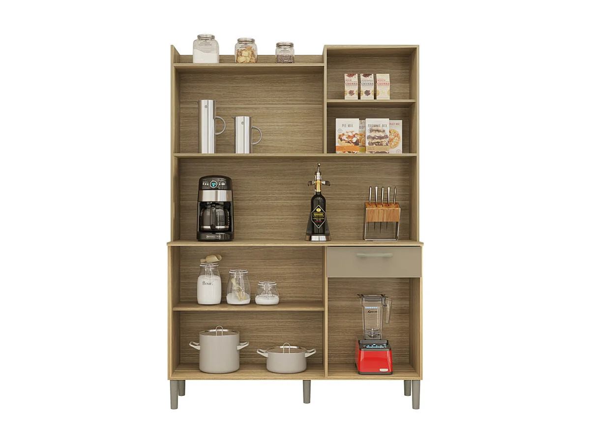 Buffet de Cuisine 6 Portes 1 Tiroir Chêne et Taupe L 121.5 H 176 P 36.3 cm