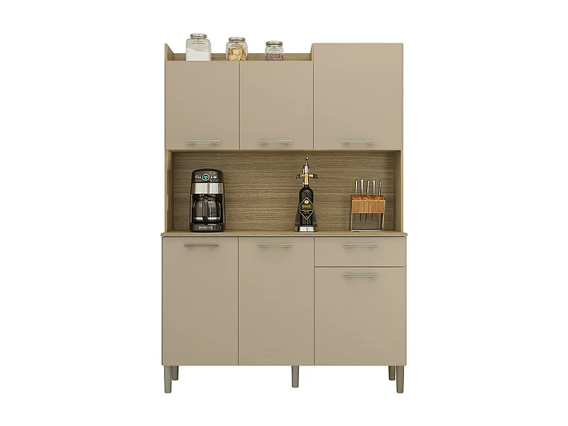 Buffet de Cuisine 6 Portes 1 Tiroir Chêne et Taupe L 121.5 H 176 P 36.3 cm