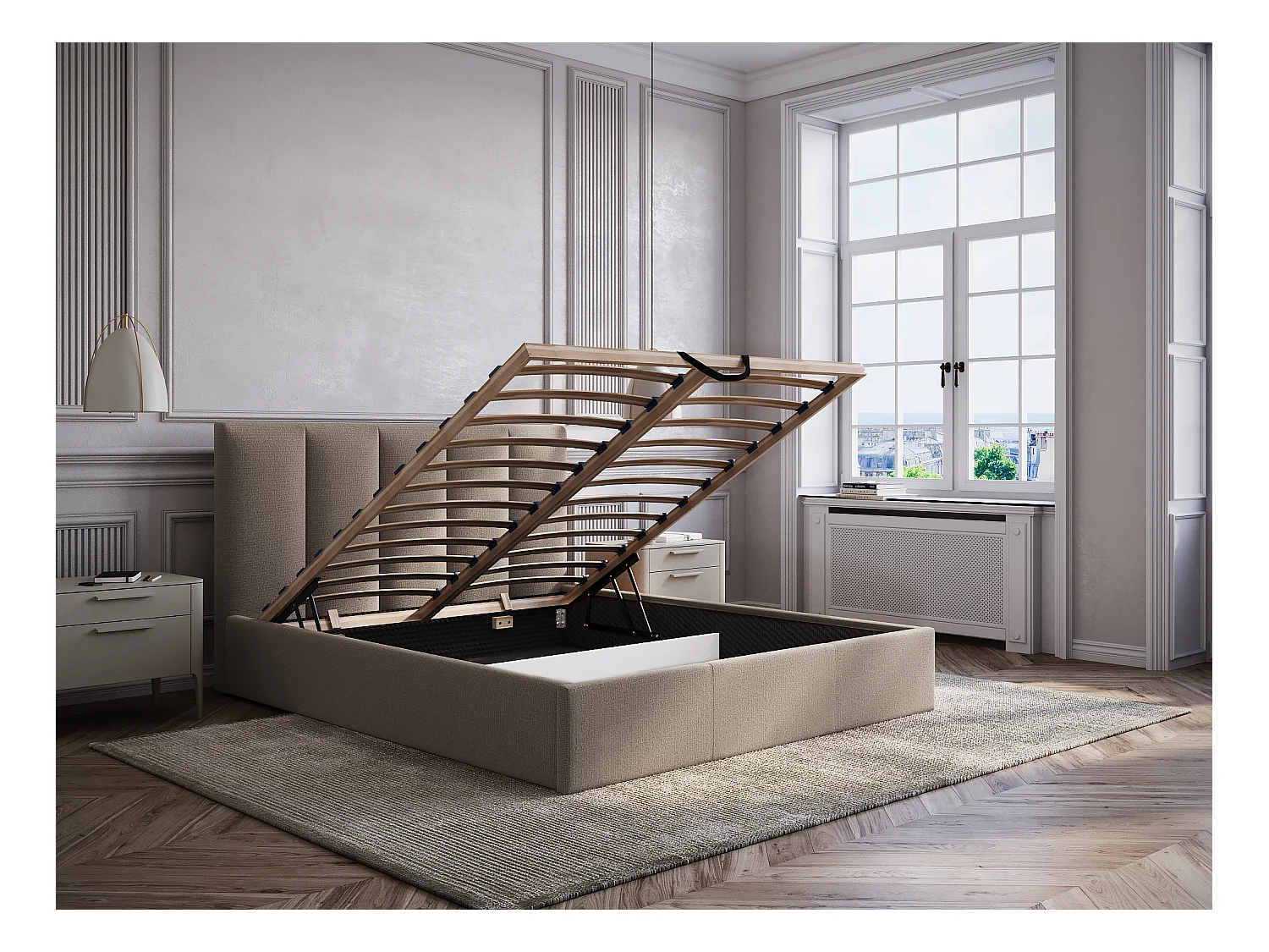 Letto con contenitore 160 x 200 cm testata letto impunture verticali Tessuto Tortora Con materasso - KILACLO