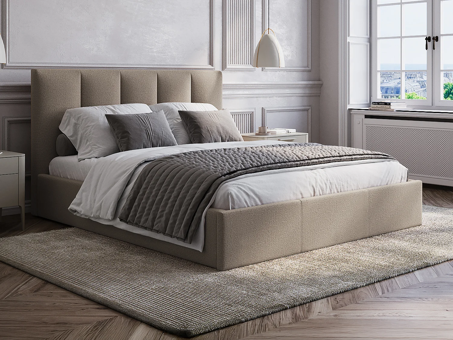 Bett mit Bettkasten & Kopfteil mit vertikalen Ziernähten + Matratze - 160 x 200 cm - Stoff - Taupe - KILACLO