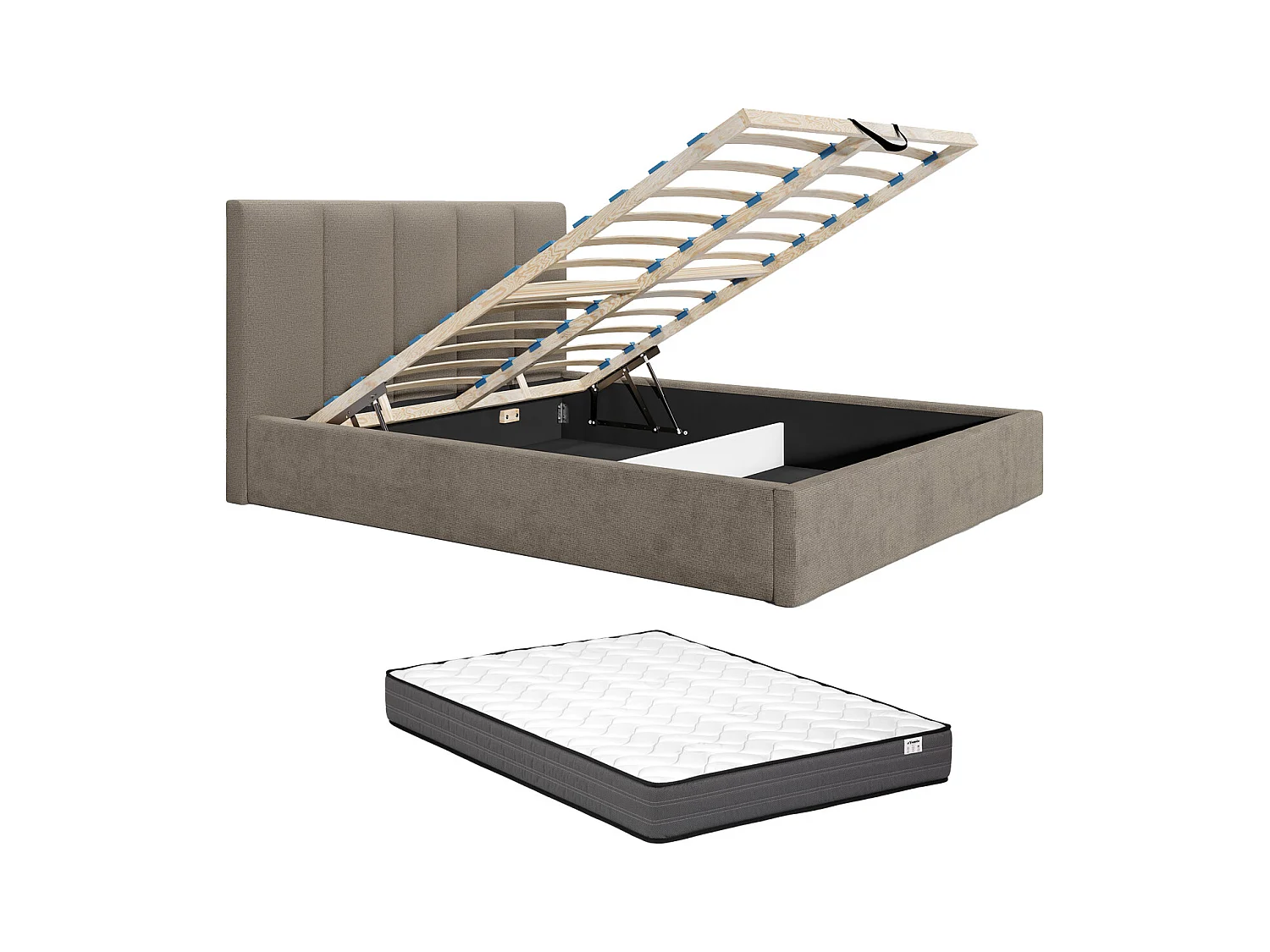 Lit coffre 180 x 200 cm avec tête de lit coutures verticales - Tissu - Taupe - Avec matelas - KILACLO