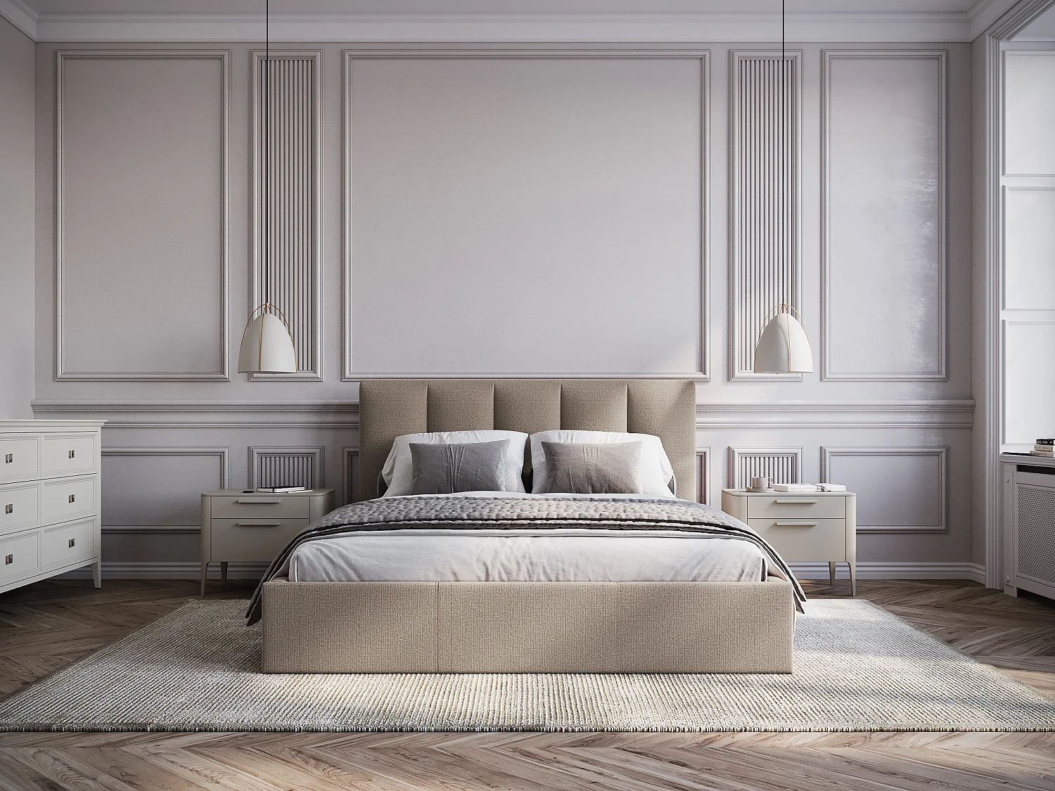 Sengekasse 180 x 200 cm med opbevaringsrum 180 x 200 cm med gavl med lodrette syninger - Stof - Taupe - Med madras - KILACLO