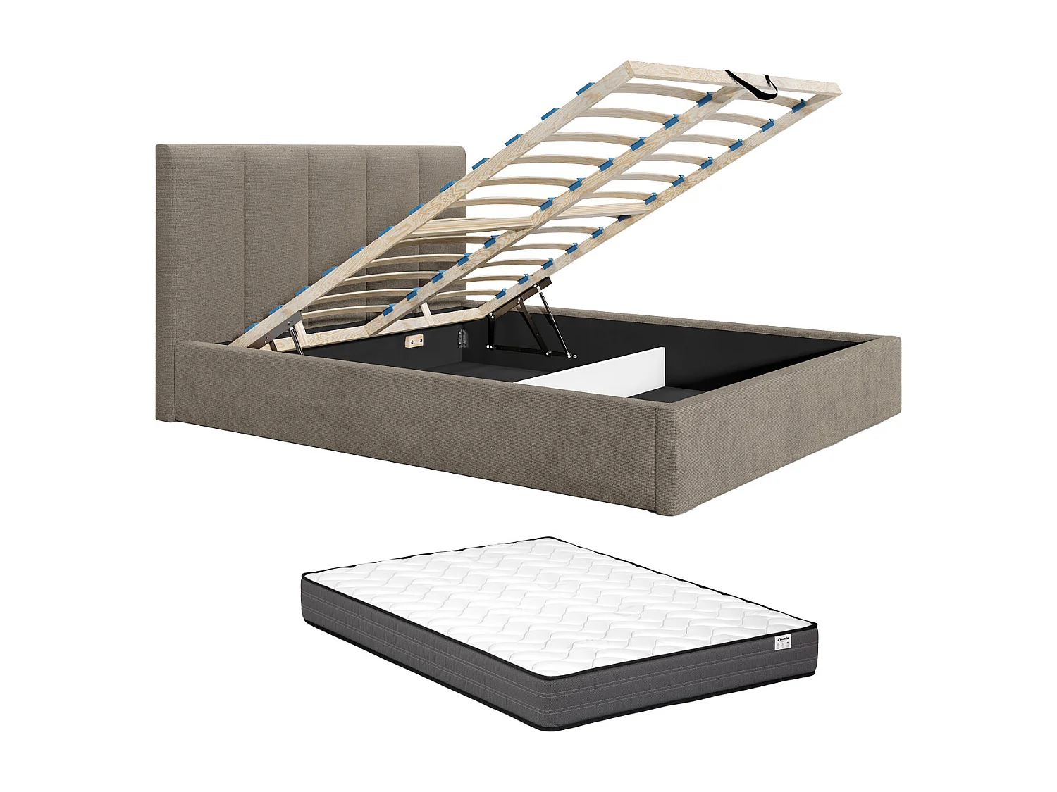 Seng med oppbevaring 180 x 200 cm med sengehode med vertikale søm - Tekstil - Taupe - Med madrass - KILACLO