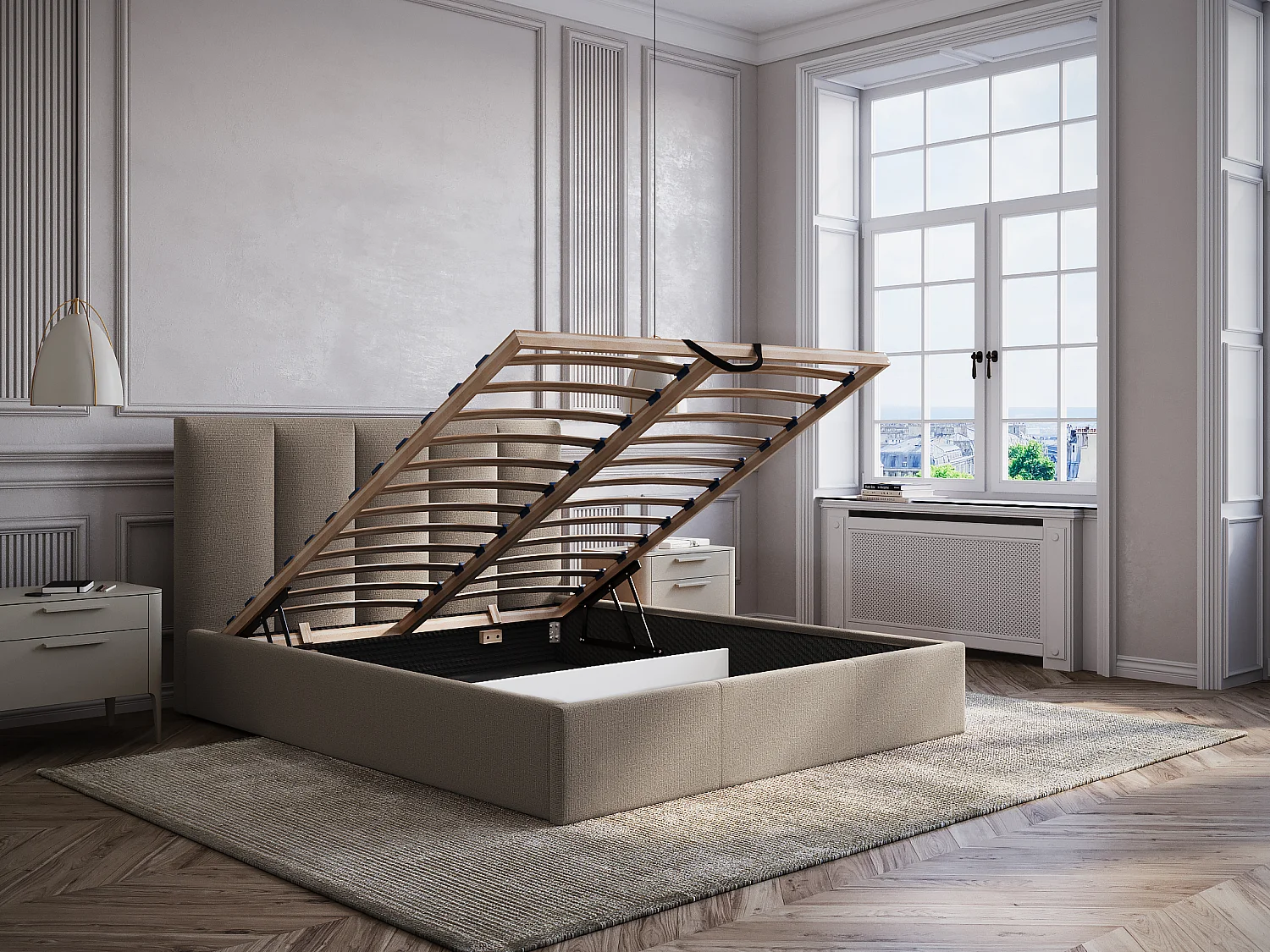 Seng med oppbevaring 180 x 200 cm med sengehode med vertikale søm - Tekstil - Taupe - Med madrass - KILACLO