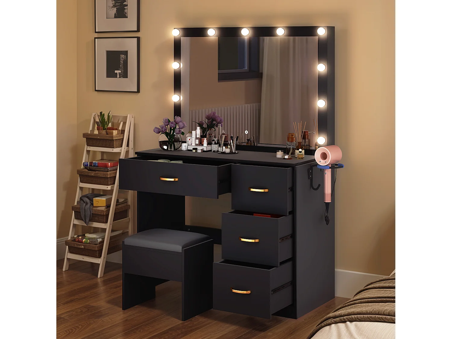 YITAHOME Coiffeuse avec Miroir LED - 4 tiroirs - 2USB Prise de Courant - Noir - 90X40X136 CM
