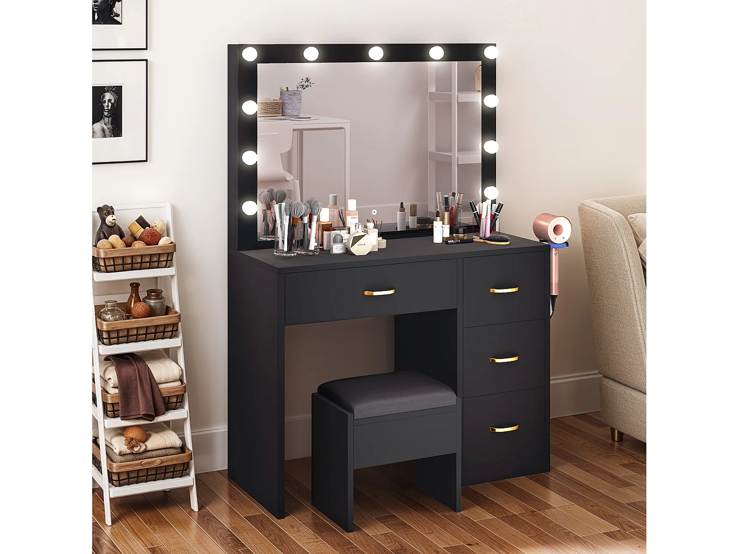 YITAHOME Coiffeuse avec Miroir LED - 4 tiroirs - 2USB Prise de Courant - Noir - 90X40X136 CM