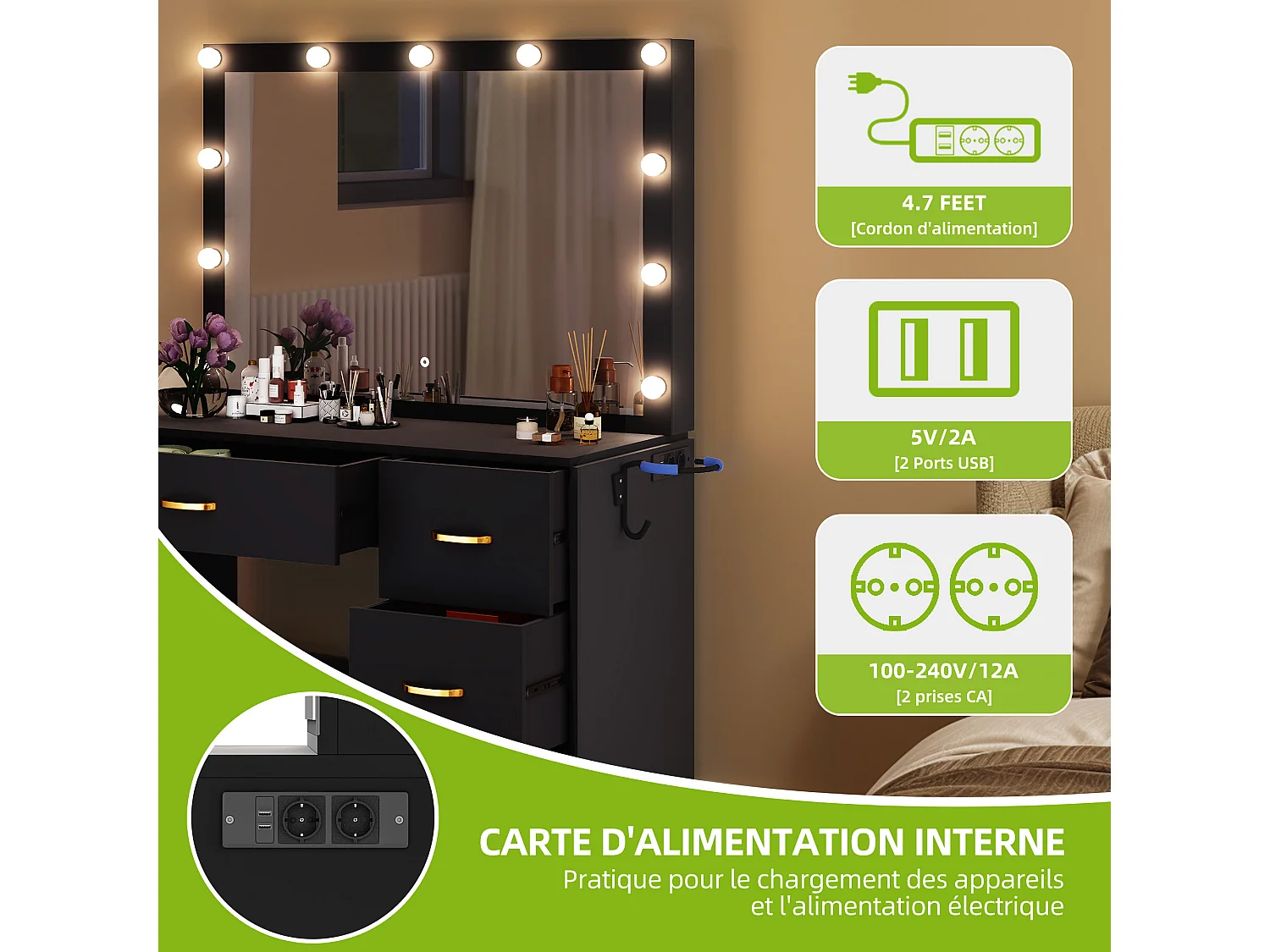 YITAHOME Coiffeuse avec Miroir LED - 4 tiroirs - 2USB Prise de Courant - Noir - 90X40X136 CM