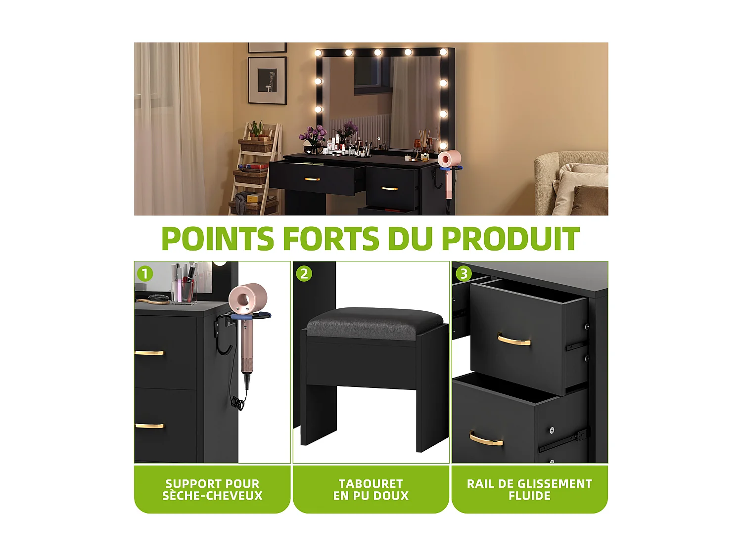 YITAHOME Coiffeuse avec Miroir LED - 4 tiroirs - 2USB Prise de Courant - Noir - 90X40X136 CM