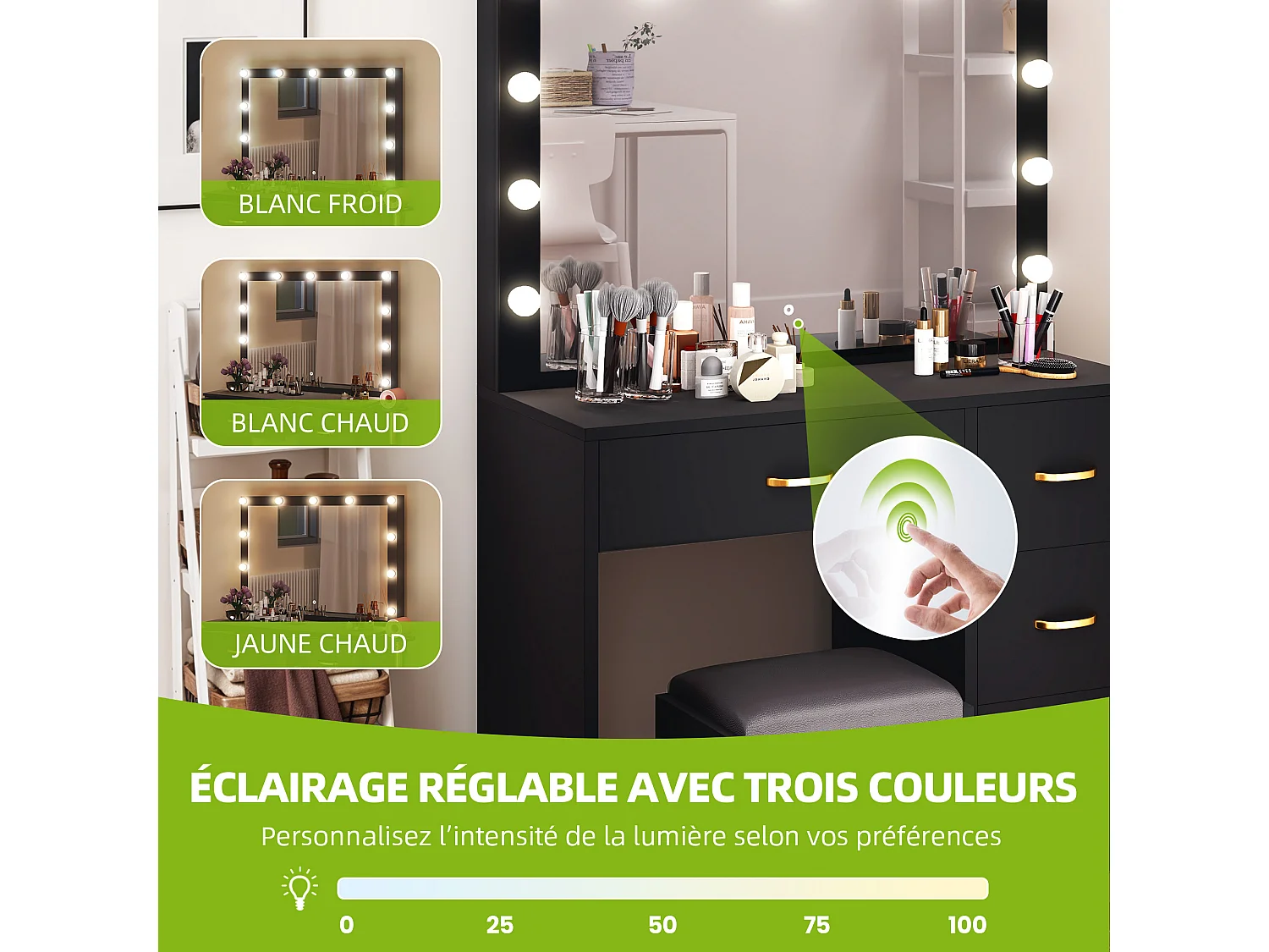 YITAHOME Coiffeuse avec Miroir LED - 4 tiroirs - 2USB Prise de Courant - Noir - 90X40X136 CM