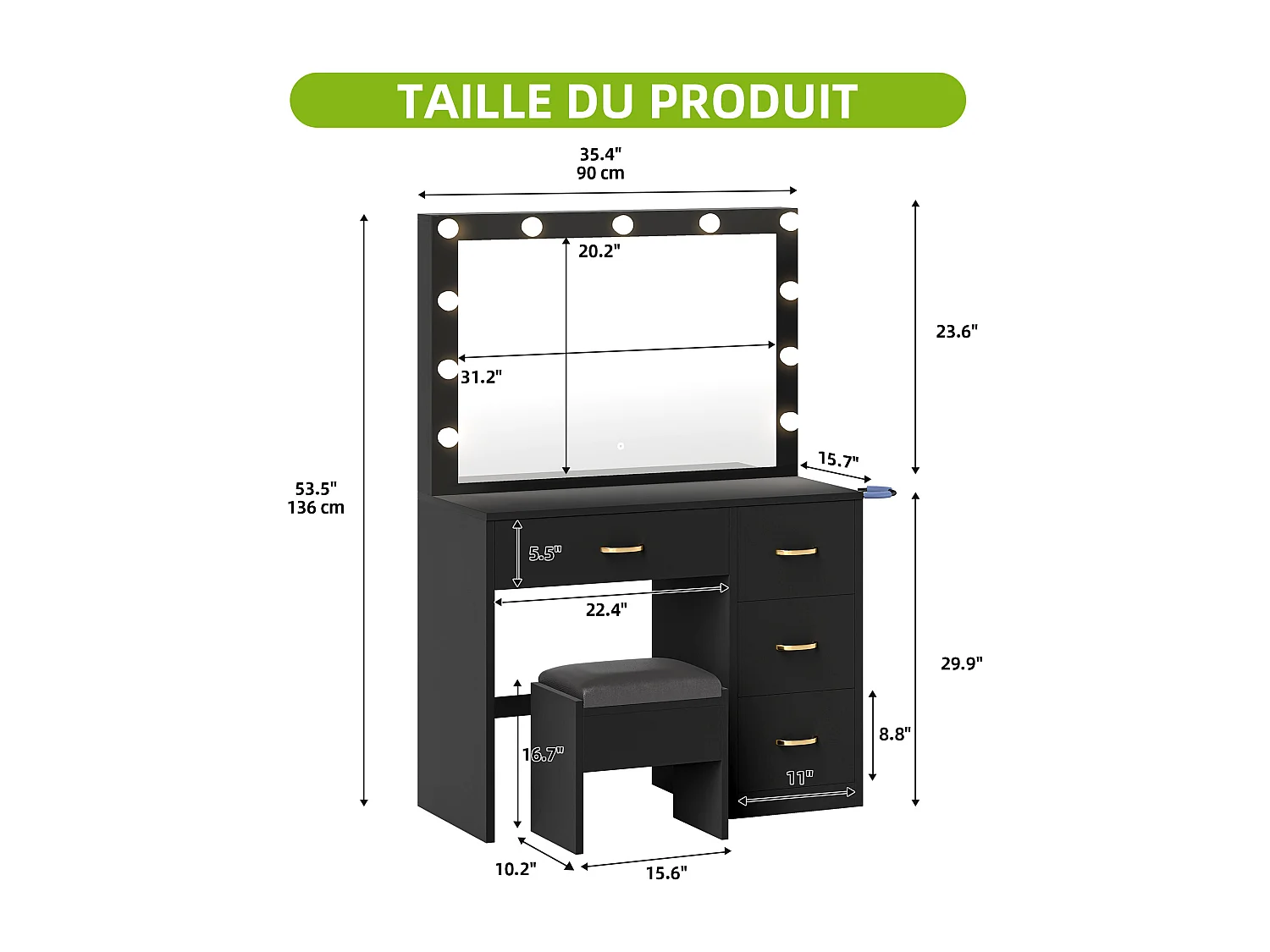 YITAHOME Coiffeuse avec Miroir LED - 4 tiroirs - 2USB Prise de Courant - Noir - 90X40X136 CM