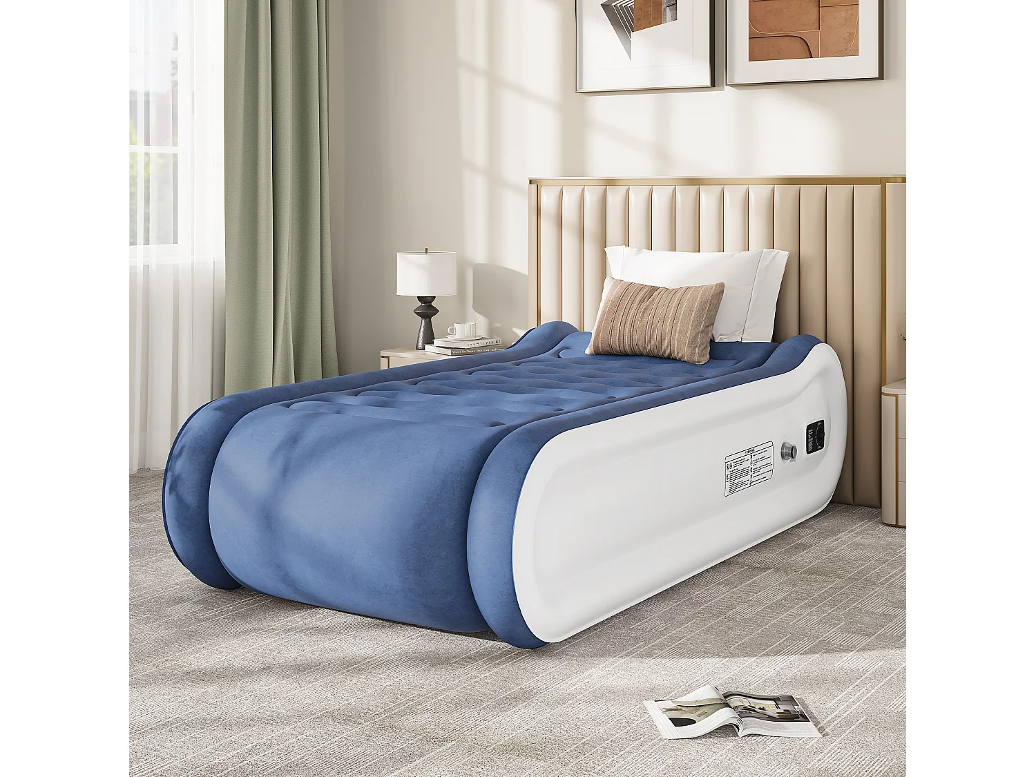 YITAHOME Metalas Gonflable - 1 Place avec Oreiller Intégré et Pompe Électrique Intégrée - 203 x 99 x 43 cm - Bleu & Blanc