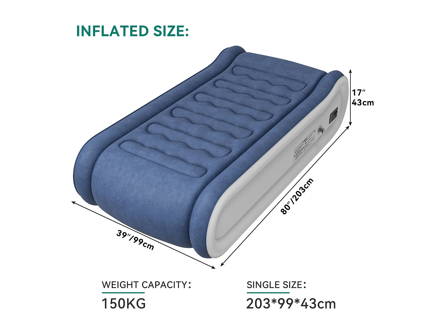 YITAHOME Metalas Gonflable - 1 Place avec Oreiller Intégré et Pompe Électrique Intégrée - 203 x 99 x 43 cm - Bleu & Blanc