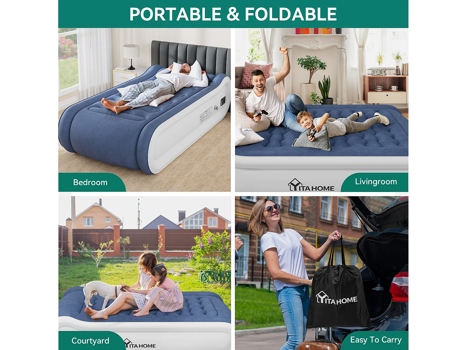 YITAHOME Metalas Gonflable - 1 Place avec Oreiller Intégré et Pompe Électrique Intégrée - 203 x 99 x 43 cm - Bleu & Blanc
