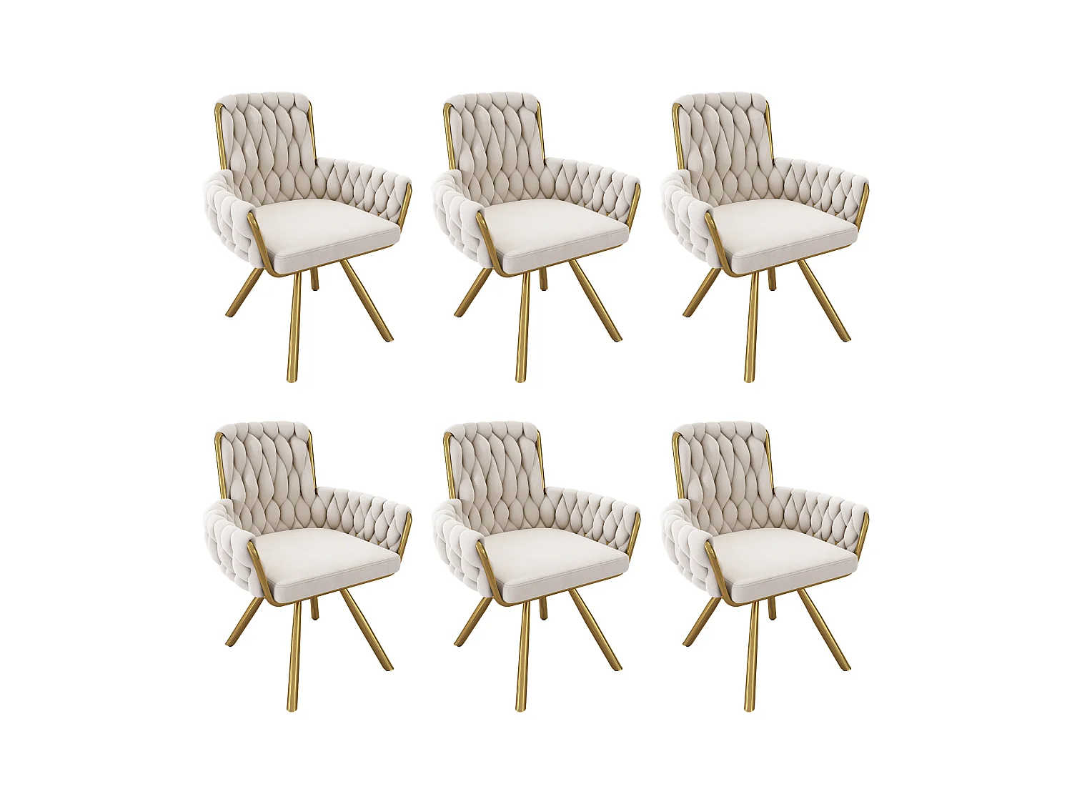 Juego de 6 sillas giratorias de terciopelo - 87 x 50 x 55 cm - Sillón con cuatro patas de metal - Beige