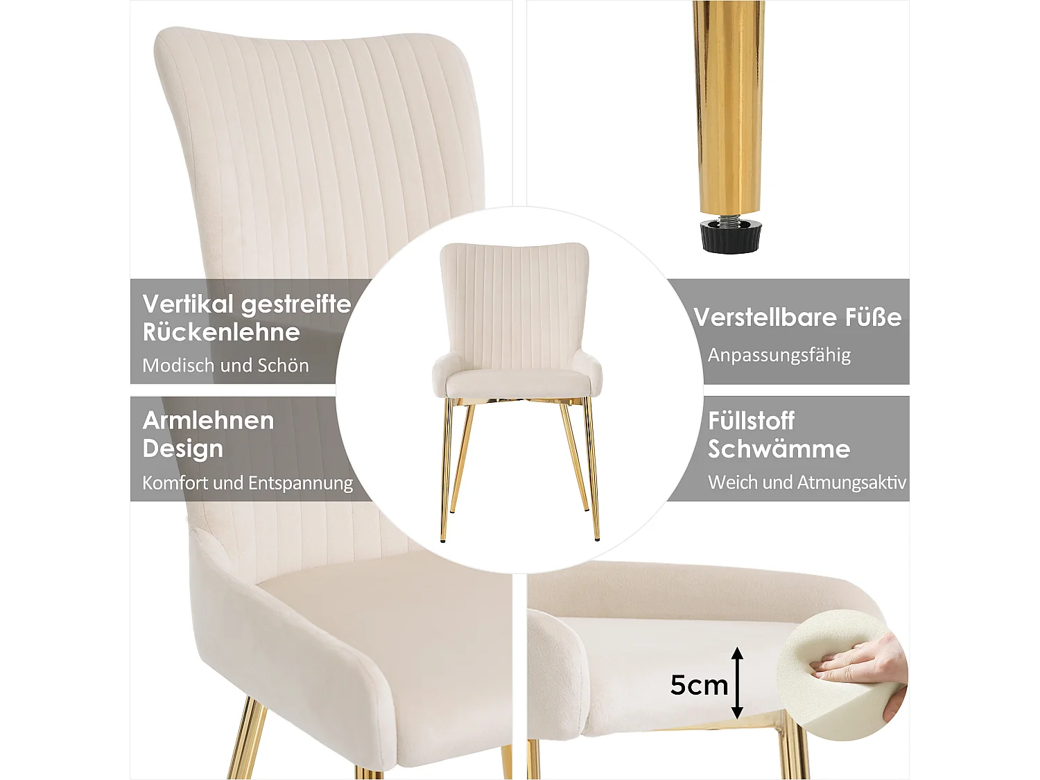 Lot de 6 chaises velours - 85 x 58 x 47 cm - chaise salon de luxe - quatre pieds en métal doré - beige