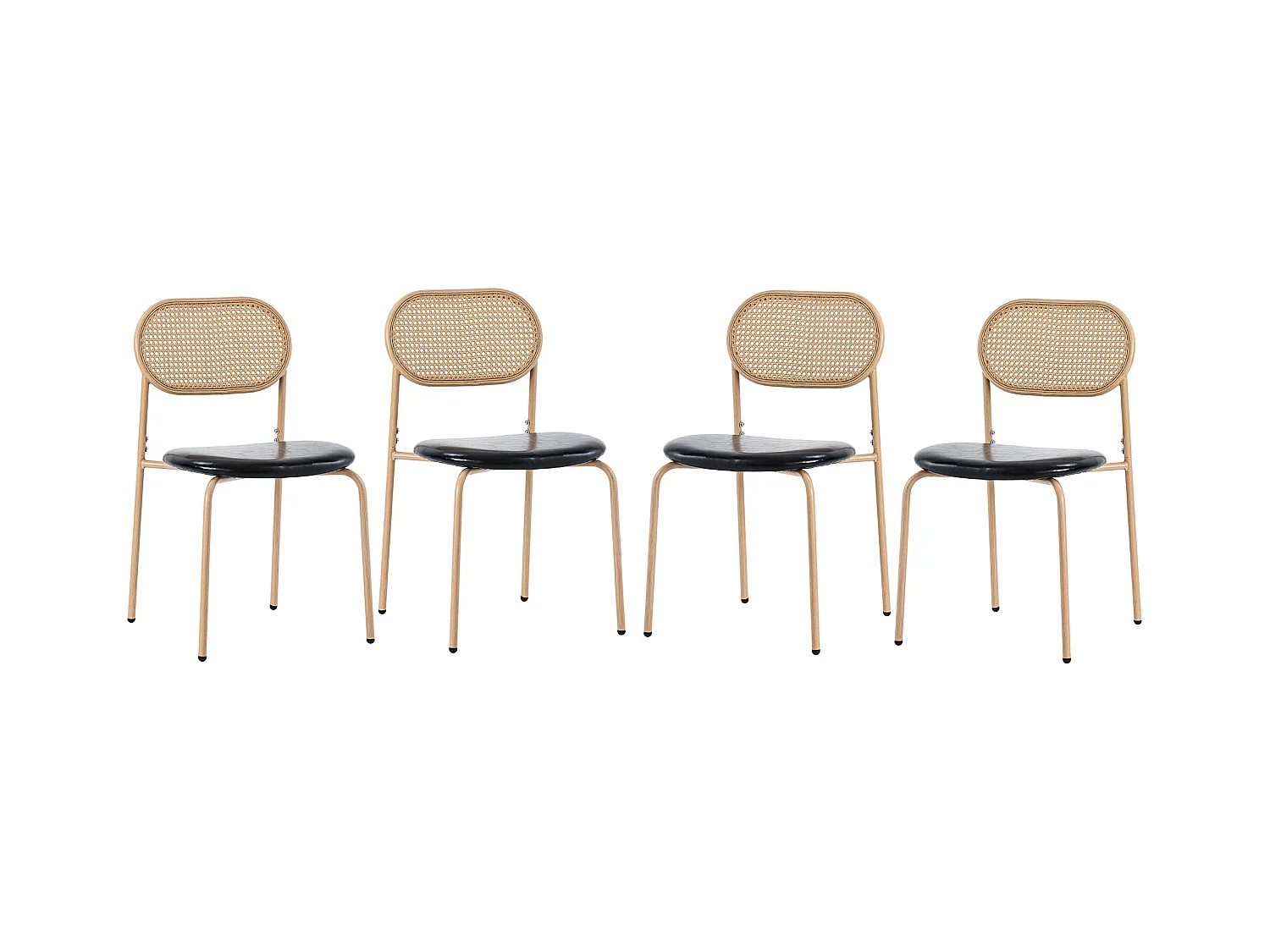 4er Set Samtstühle - 80 x 48 x 46 cm - mit vier Metallbeinen - Rattan Schlafzimmerstuhl - Schwarz