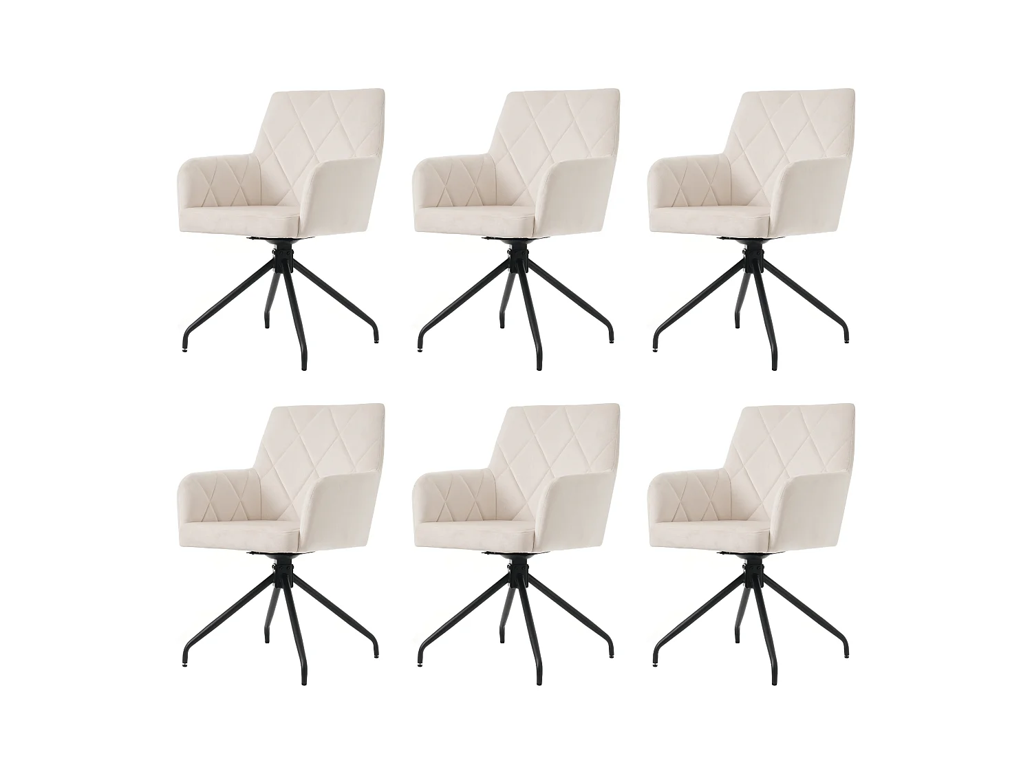 Set van 6 360° fluwelen draaistoelen - 85 x 60 x 46 cm - Gestoffeerde fauteuil met 4 metalen poten - Wit