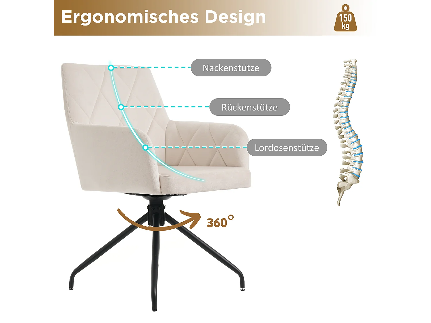 Lot de 6 chaises pivotantes à 360°en velours - 85 x 60 x 46 cm - fauteuil rembourré avec 4 pieds en métal - blanc