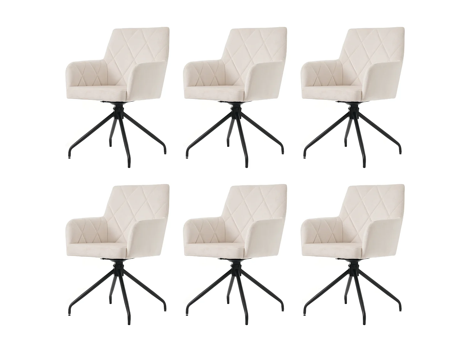 Lot de 6 chaises pivotantes à 360°en velours - 85 x 60 x 46 cm - fauteuil rembourré avec 4 pieds en métal - blanc