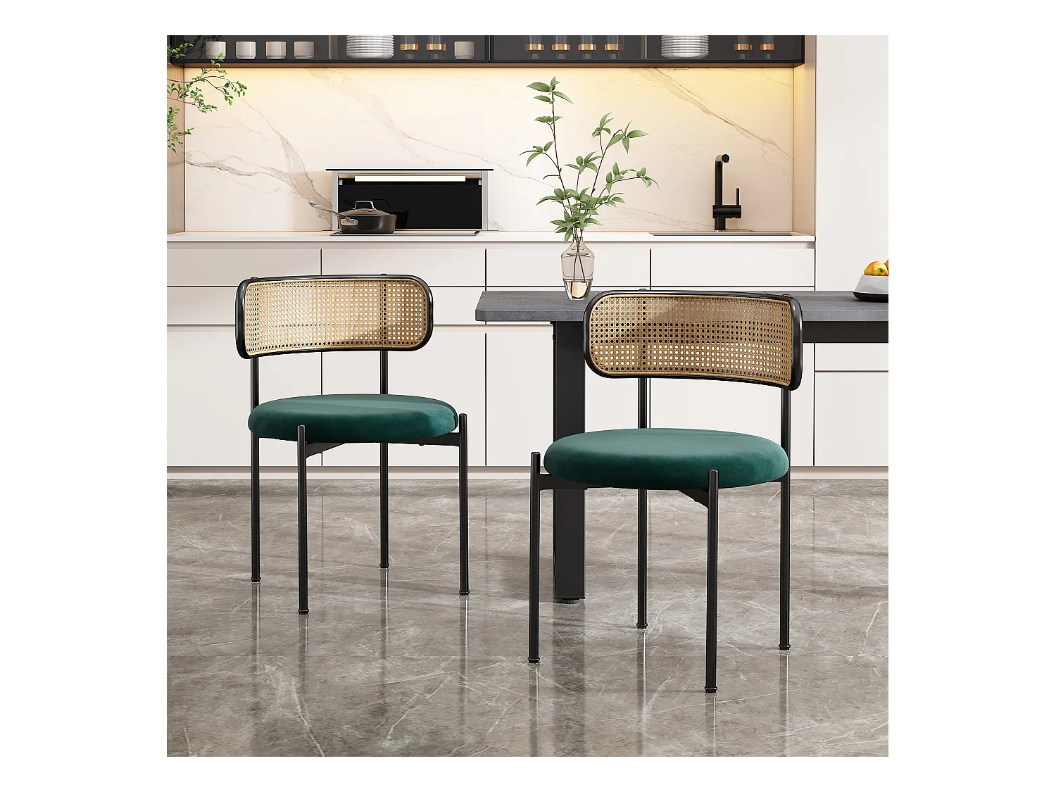 Lot de 2 Chaises de salle à manger en velours - 75 x 40 x 51 cm - avec quatre pieds en métal - chaise en rotin chambre - vert