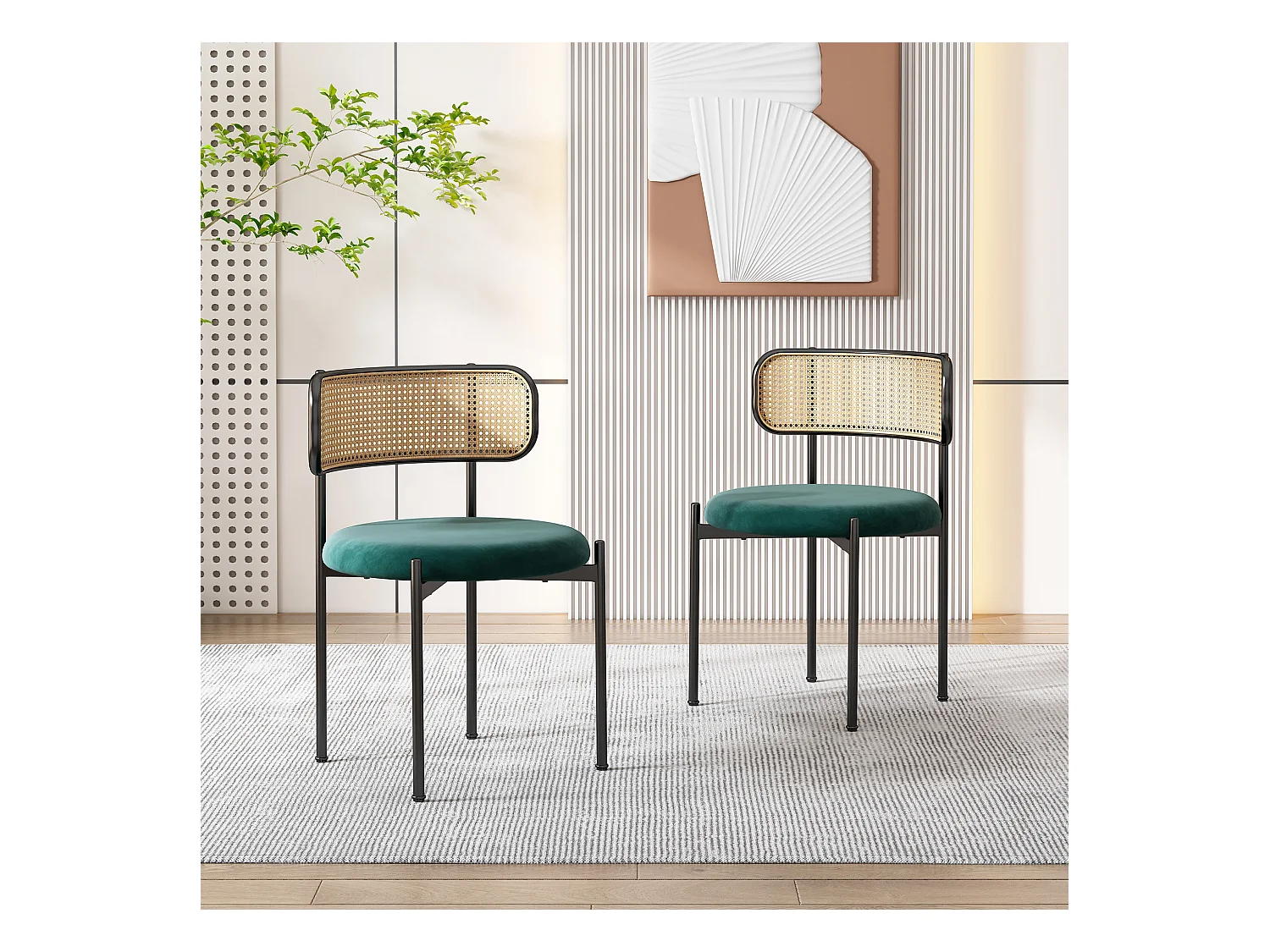Lot de 2 Chaises de salle à manger en velours - 75 x 40 x 51 cm - avec quatre pieds en métal - chaise en rotin chambre - vert