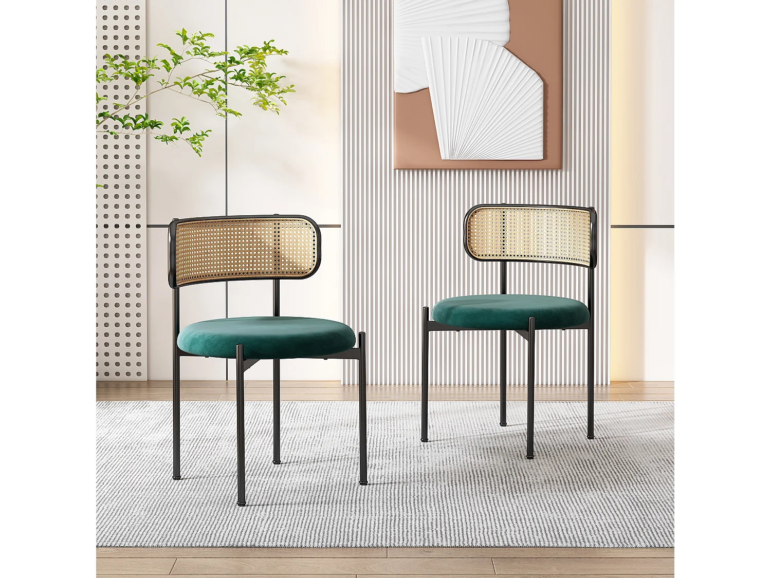 Lot de 2 Chaises de salle à manger en velours - 75 x 40 x 51 cm - avec quatre pieds en métal - chaise en rotin chambre - vert