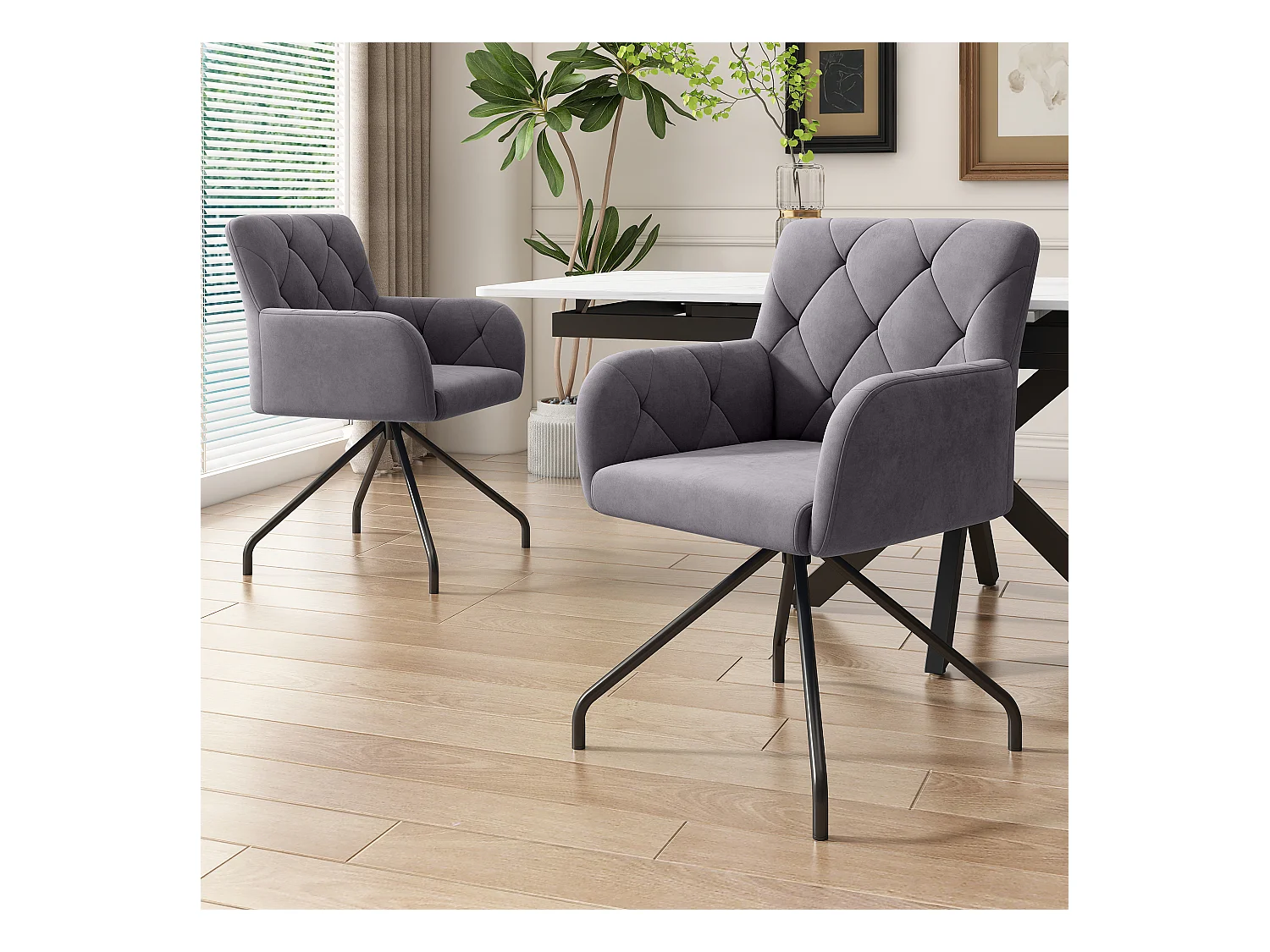 Set van 2 fluwelen eetkamerstoelen - 85 x 49 x 49 cm - gestoffeerde fauteuil met 4 metalen poten - met lendensteun - grijs