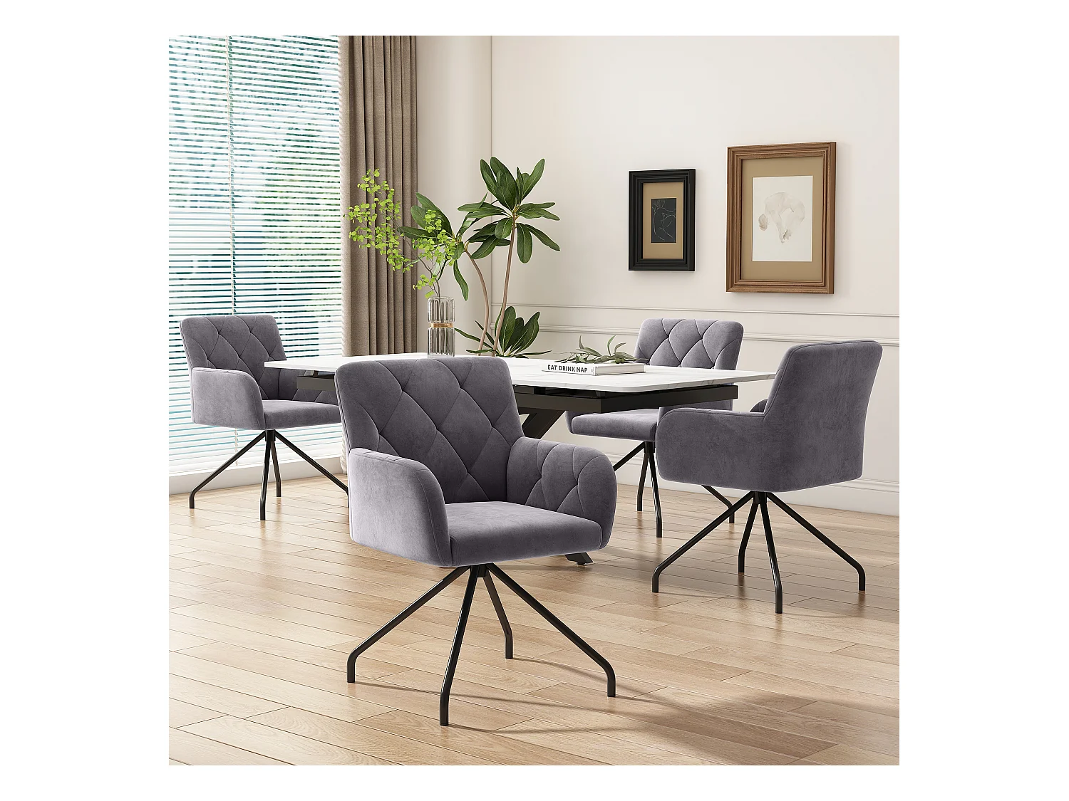 Set van 2 fluwelen eetkamerstoelen - 85 x 49 x 49 cm - gestoffeerde fauteuil met 4 metalen poten - met lendensteun - grijs