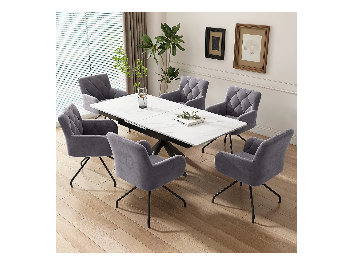 Set van 2 fluwelen eetkamerstoelen - 85 x 49 x 49 cm - gestoffeerde fauteuil met 4 metalen poten - met lendensteun - grijs