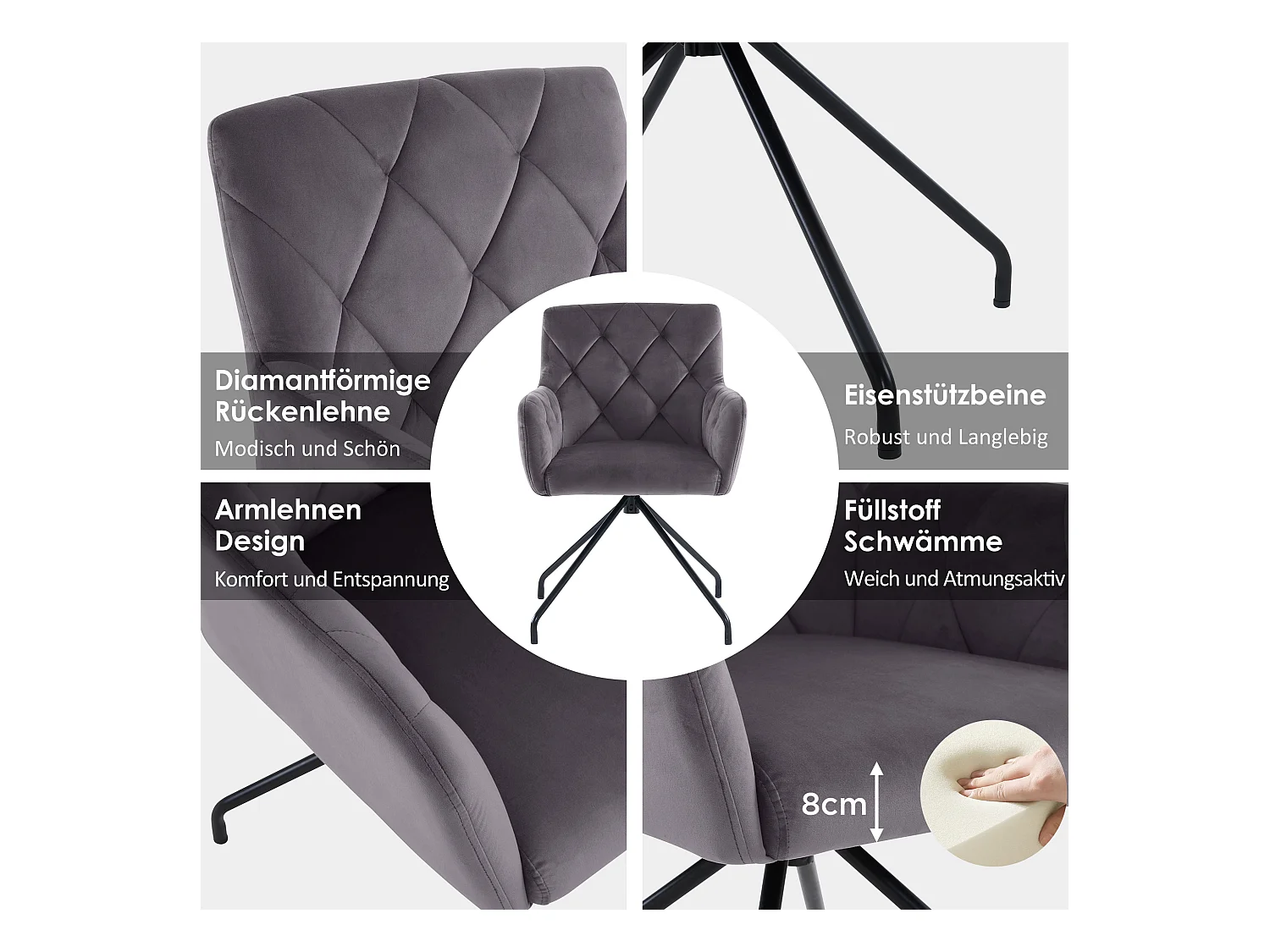 Set van 2 fluwelen eetkamerstoelen - 85 x 49 x 49 cm - gestoffeerde fauteuil met 4 metalen poten - met lendensteun - grijs