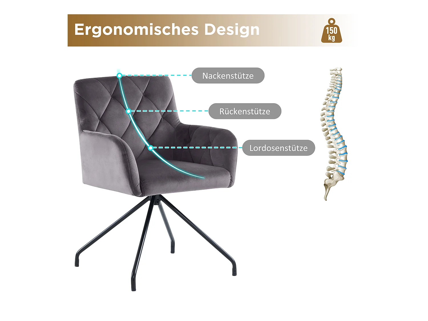 Set van 2 fluwelen eetkamerstoelen - 85 x 49 x 49 cm - gestoffeerde fauteuil met 4 metalen poten - met lendensteun - grijs