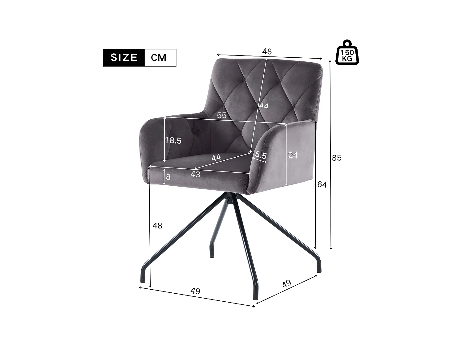 Set van 2 fluwelen eetkamerstoelen - 85 x 49 x 49 cm - gestoffeerde fauteuil met 4 metalen poten - met lendensteun - grijs