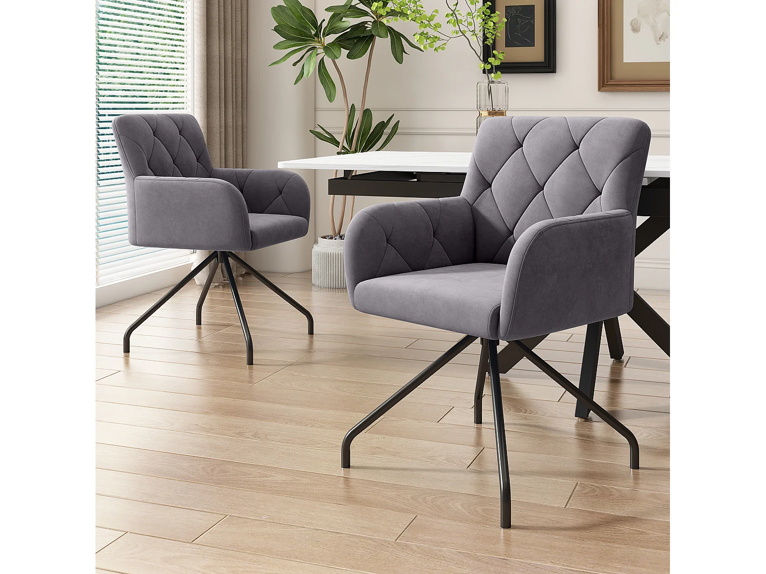 Zestaw 4 krzeseł do jadalni Velvet - 85 x 49 x 49 cm - tapicerowany fotel z 4 metalowymi nogami - z podparciem lędźwiowym - szary