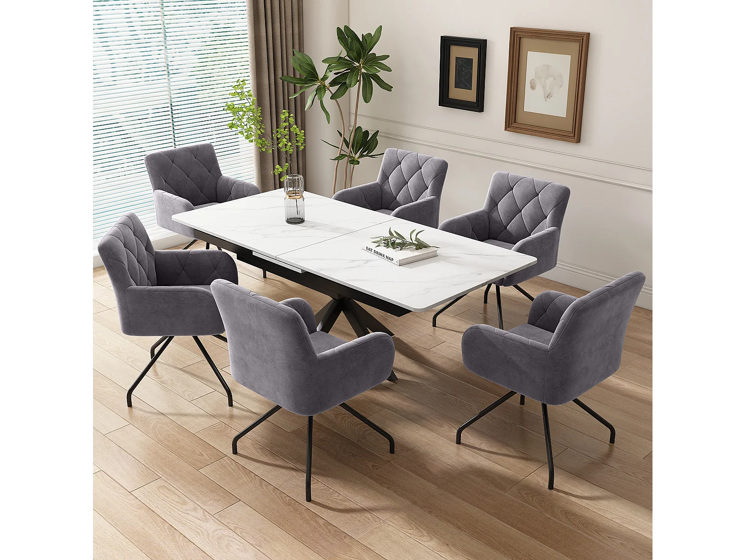 Zestaw 4 krzeseł do jadalni Velvet - 85 x 49 x 49 cm - tapicerowany fotel z 4 metalowymi nogami - z podparciem lędźwiowym - szary