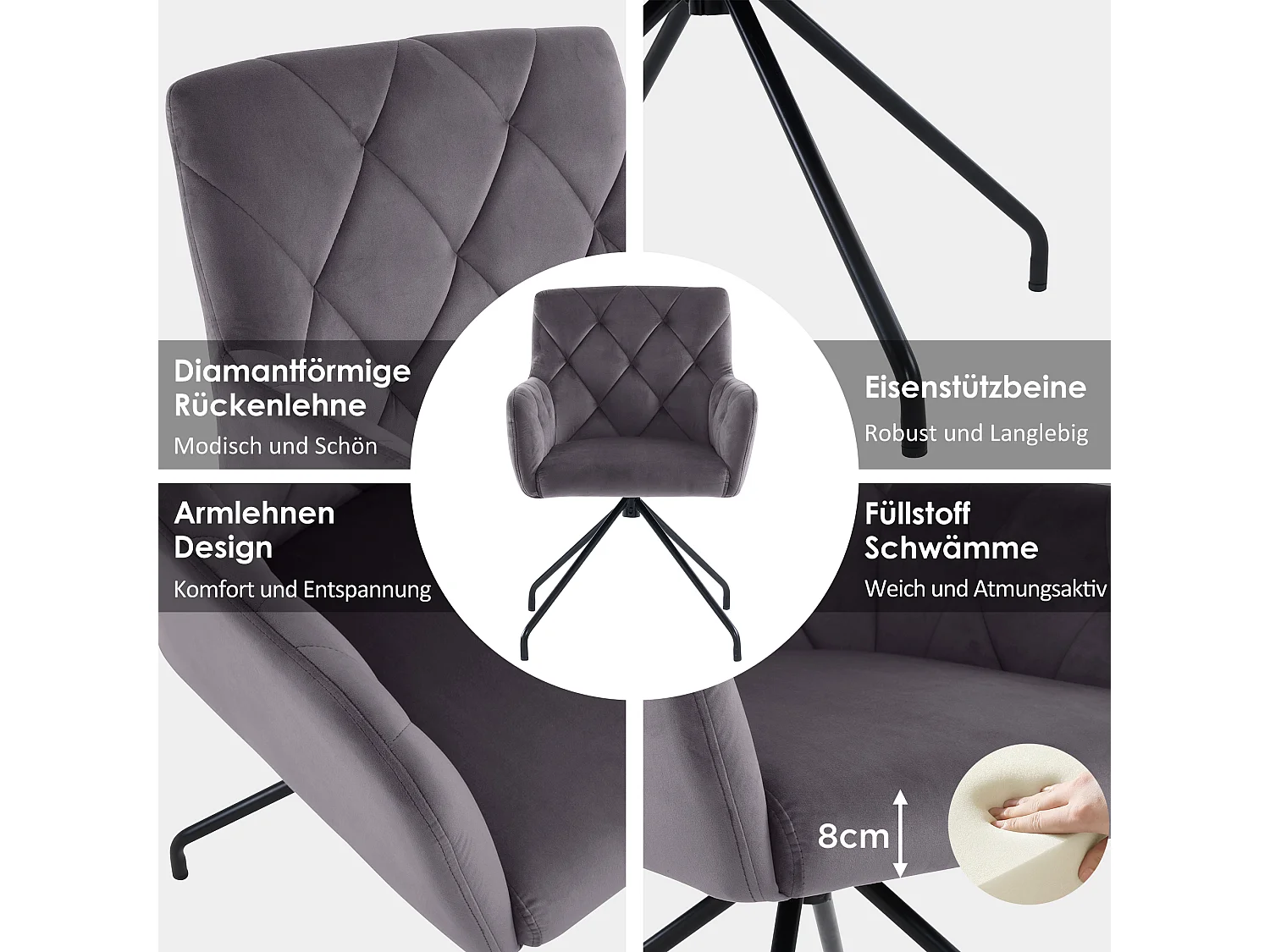 Zestaw 4 krzeseł do jadalni Velvet - 85 x 49 x 49 cm - tapicerowany fotel z 4 metalowymi nogami - z podparciem lędźwiowym - szary