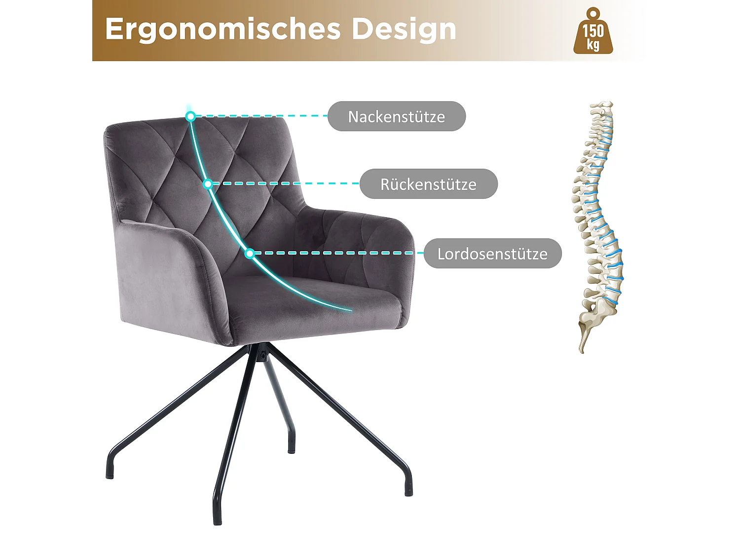Zestaw 4 krzeseł do jadalni Velvet - 85 x 49 x 49 cm - tapicerowany fotel z 4 metalowymi nogami - z podparciem lędźwiowym - szary