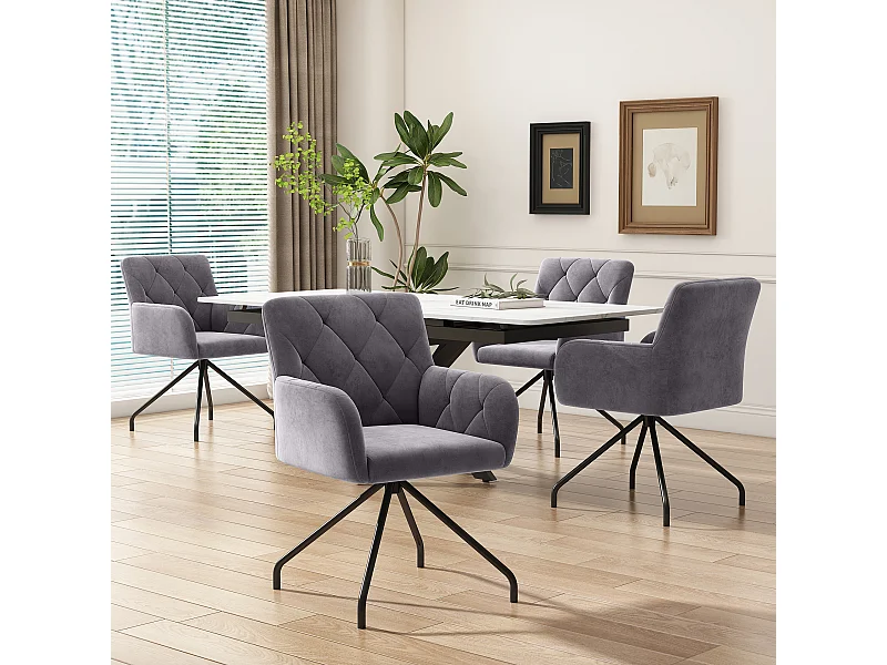Lot de 4 chaises de salle à manger en velours - 85 x 49 x 49 cm - fauteuil rembourré avec 4 pieds en métal -avec soutien lombaire - gris