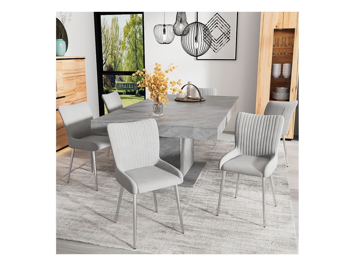 Lot de 6 chaises velours - 85 x 58 x 47 cm - chaise salon de luxe - quatre pieds en métal argenté - gris